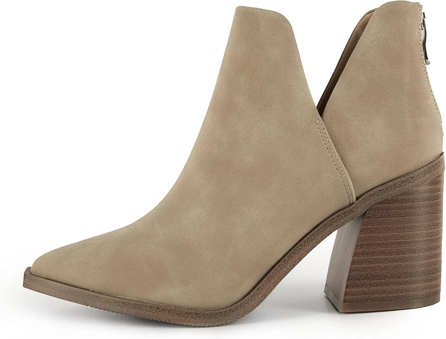 Kathemoi Womens Slip on Ankle Boots V Cutout Pointed Toe Chunky Stacked Mid Heel Booties