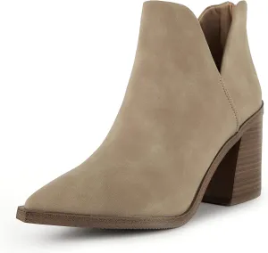 Kathemoi Womens Slip on Ankle Boots V Cutout Pointed Toe Chunky Stacked Mid Heel Booties
