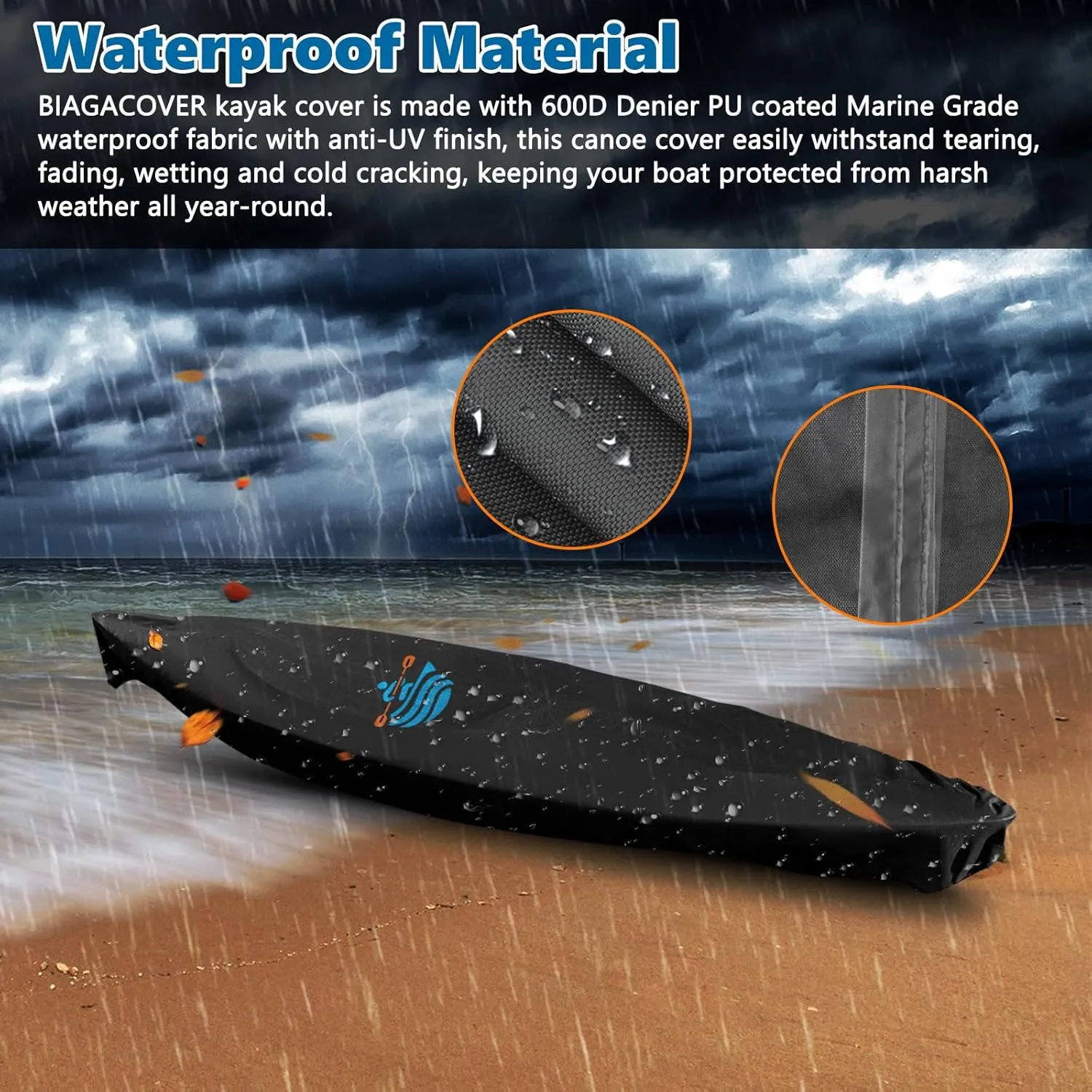 Kayak Cover 500D Waterproof UV Protection and Dust Resistant Heavy Duty Full Canoe Cover for Indoor/Outdoor Kayak/Canoe/Paddle Board with Storage Bag