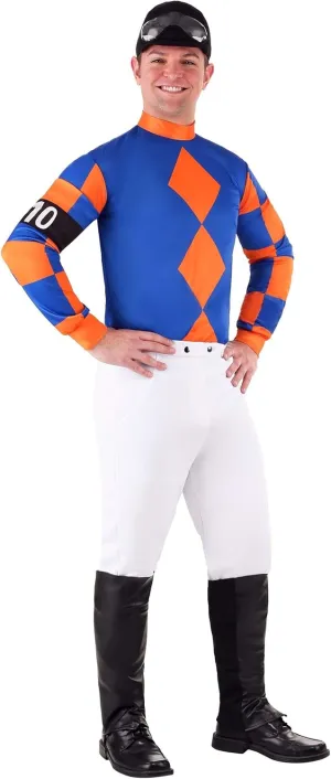 Kentucky Derby Jockey Costume For Men, Adult Horse racer Attire w/Jersey, Pants, Pair Of Boot Covers, Helmet, & Goggles