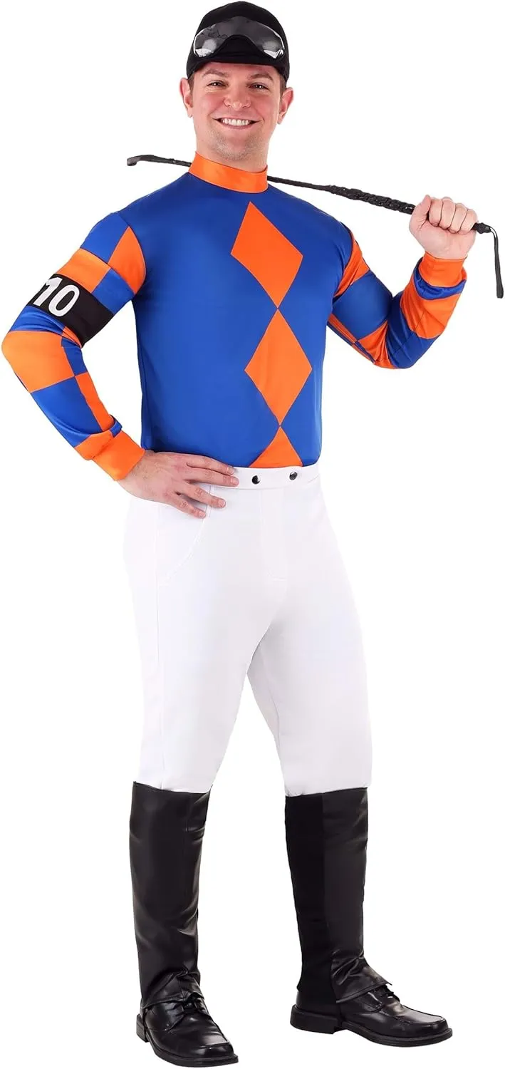 Kentucky Derby Jockey Costume For Men, Adult Horse racer Attire w/Jersey, Pants, Pair Of Boot Covers, Helmet, & Goggles