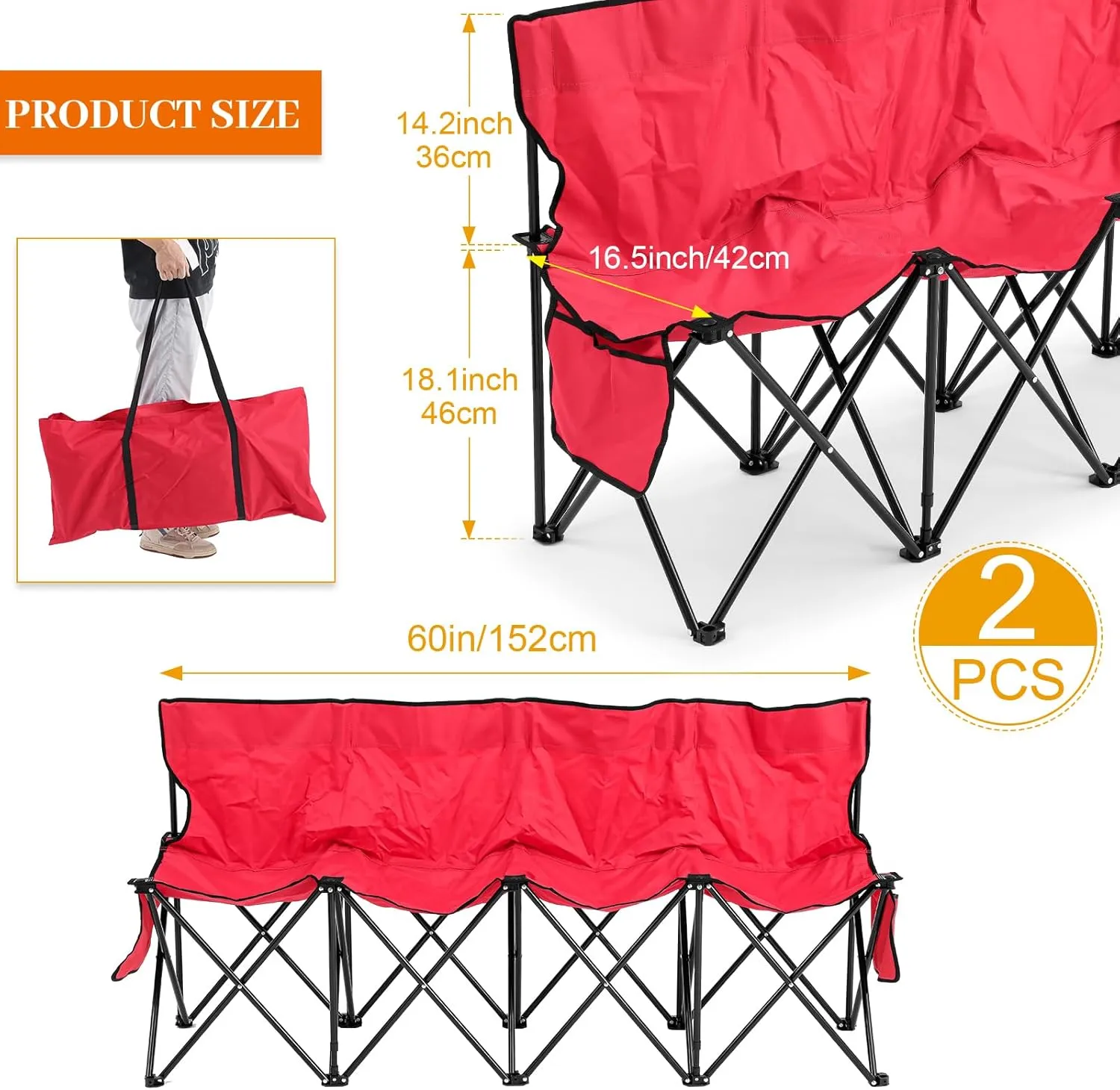 Kigley Portable 4 Seat Soccer Bench Chairs Foldable Team Sports Bench with Pockets and Carrying Bag for Camping Soccer Sports Team Basketball Football Practice Games(Red,2 Pcs)
