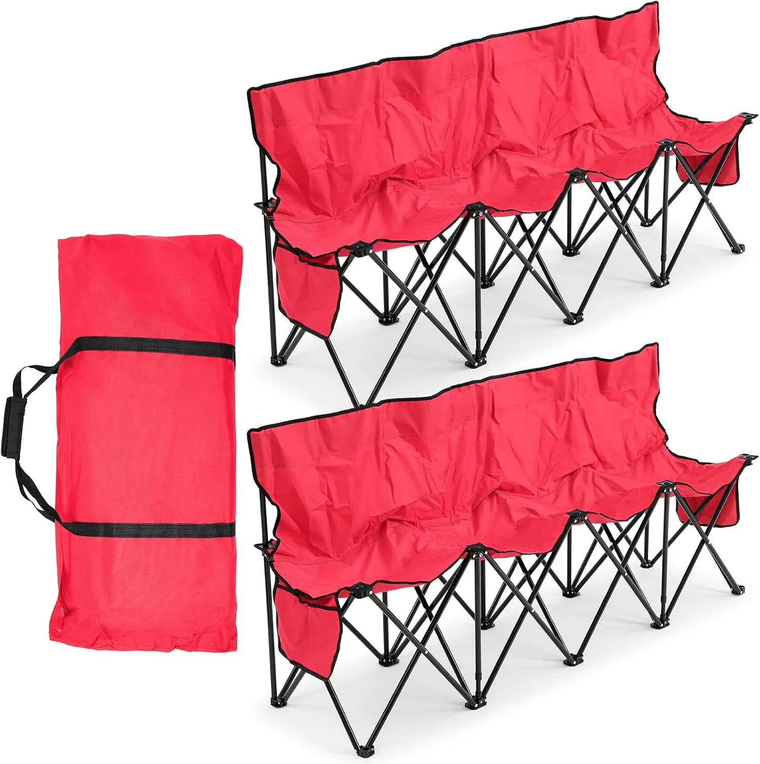 Kigley Portable 4 Seat Soccer Bench Chairs Foldable Team Sports Bench with Pockets and Carrying Bag for Camping Soccer Sports Team Basketball Football Practice Games(Red,2 Pcs)