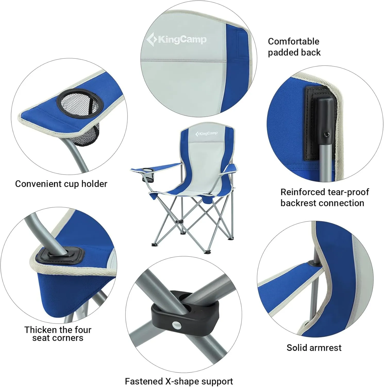 KingCamp Portable Folding Outdoor Camping Chair Made with Oxford Fabric with Mesh Cup Holder and Carry Bag Included, Blue/Gray (2 Pack)