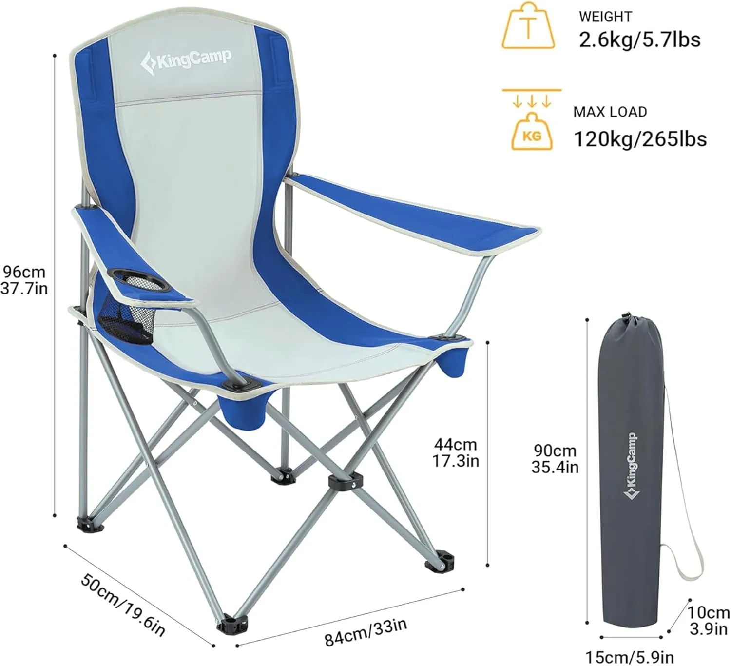 KingCamp Portable Folding Outdoor Camping Chair Made with Oxford Fabric with Mesh Cup Holder and Carry Bag Included, Blue/Gray (2 Pack)