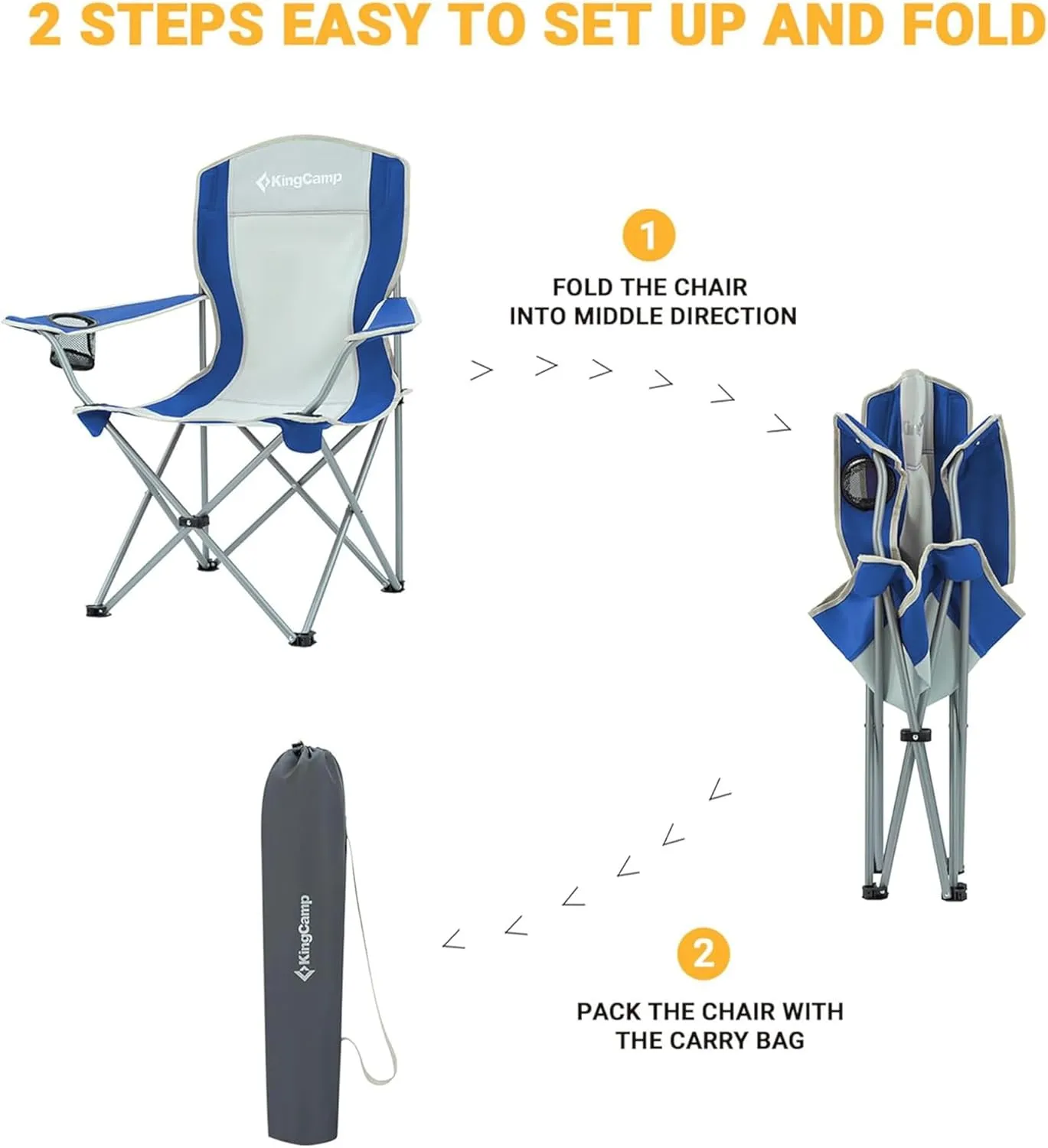 KingCamp Portable Folding Outdoor Camping Chair Made with Oxford Fabric with Mesh Cup Holder and Carry Bag Included, Blue/Gray (2 Pack)