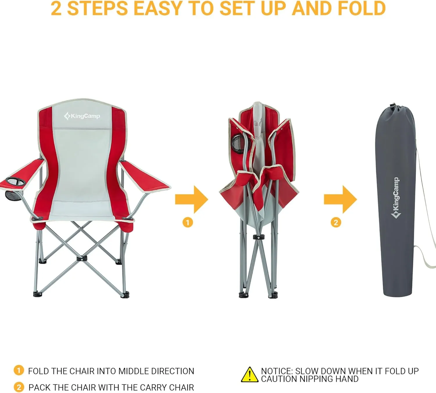KingCamp Portable Folding Outdoor Camping Chair Made with Oxford Fabric with Mesh Cup Holder and Carry Bag Included, Red/Gray (2 Pack)