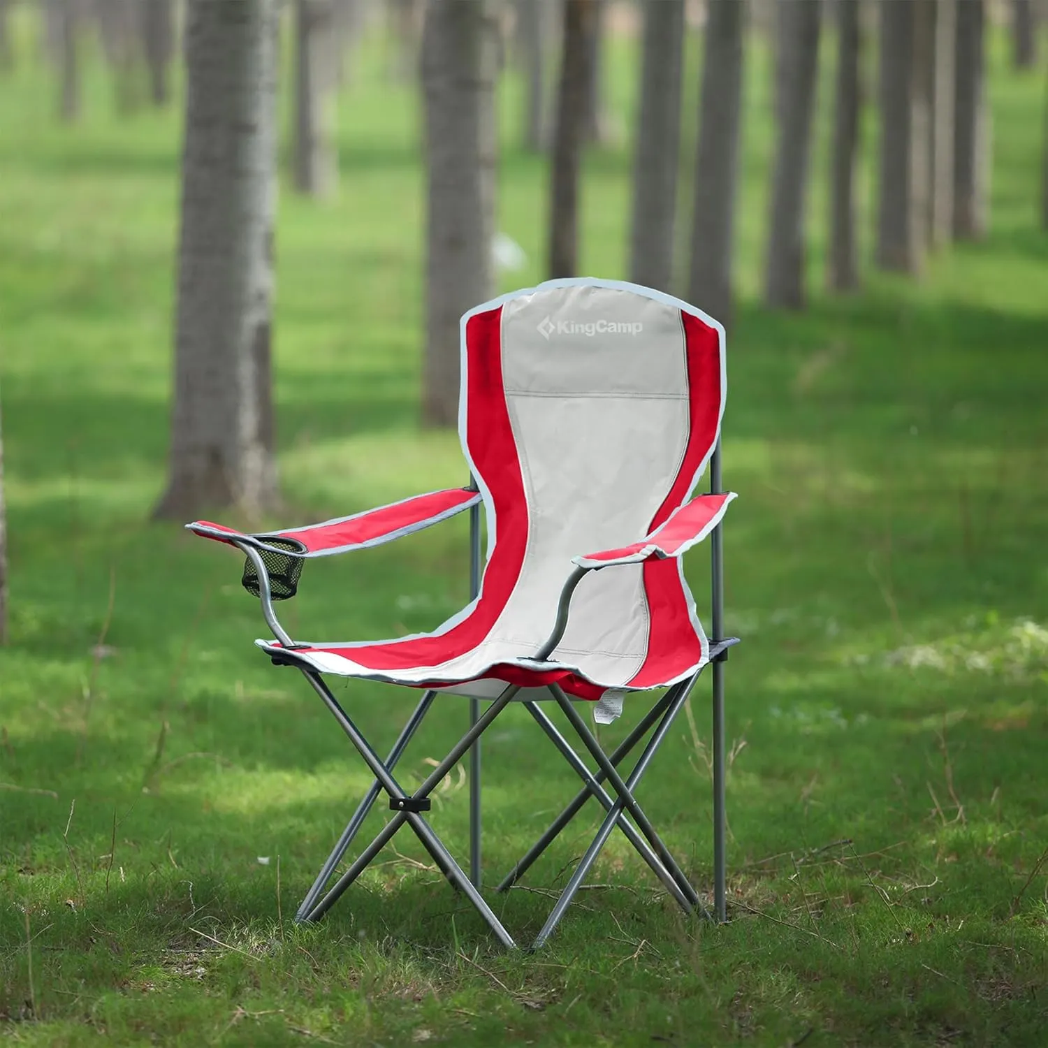 KingCamp Portable Folding Outdoor Camping Chair Made with Oxford Fabric with Mesh Cup Holder and Carry Bag Included, Red/Gray (2 Pack)