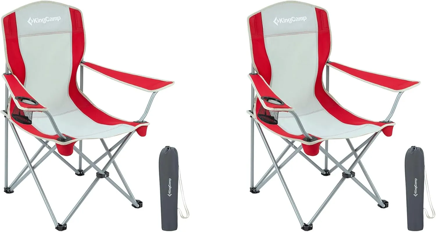 KingCamp Portable Folding Outdoor Camping Chair Made with Oxford Fabric with Mesh Cup Holder and Carry Bag Included, Red/Gray (2 Pack)