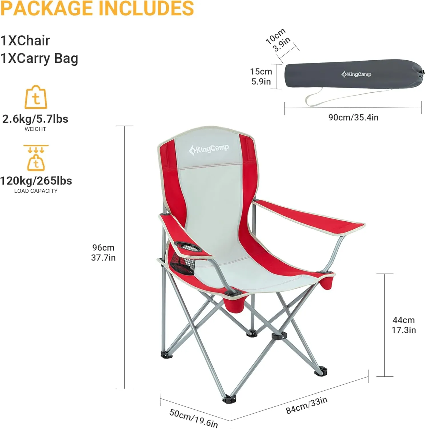 KingCamp Portable Folding Outdoor Camping Chair Made with Oxford Fabric with Mesh Cup Holder and Carry Bag Included, Red/Gray (2 Pack)