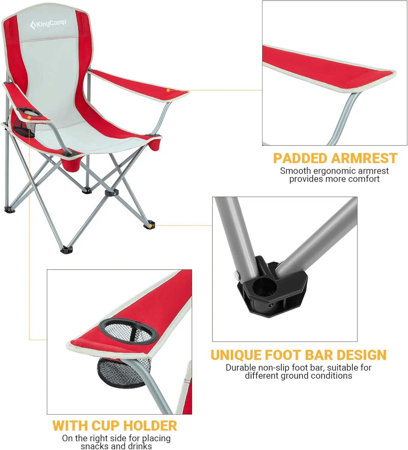 KingCamp Portable Folding Outdoor Camping Chair Made with Oxford Fabric with Mesh Cup Holder and Carry Bag Included, Red/Gray (2 Pack)