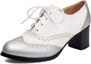 KOKOMOMO Women's Perforated Lace-Up Brogues Chunky Block Heels Wingtip Oxfords Two Tone Saddle British Vintage Derby Shoes