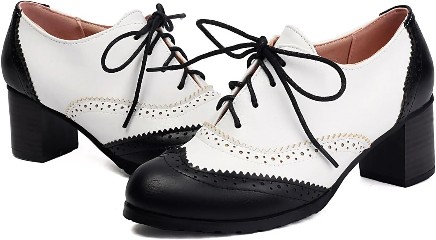 KOKOMOMO Women's Perforated Lace-Up Brogues Chunky Block Heels Wingtip Oxfords Two Tone Saddle British Vintage Derby Shoes