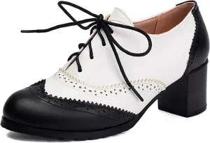 KOKOMOMO Women's Perforated Lace-Up Brogues Chunky Block Heels Wingtip Oxfords Two Tone Saddle British Vintage Derby Shoes