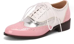 KOKOMOMO Women's Perforated Lace-up Brogues Low Heels Wingtip Multicolor Flat Oxfords Saddle Two Tone British Vintage Derby Shoes