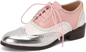 KOKOMOMO Women's Perforated Lace-up Brogues Low Heels Wingtip Multicolor Flat Oxfords Saddle Two Tone British Vintage Derby Shoes