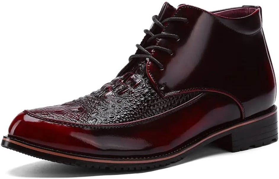 Lace Up Round Toe Boots for Men Derby Moc Toe Crocodile Print PU Slip Resistant Block Heel Waterproof Stylish Work