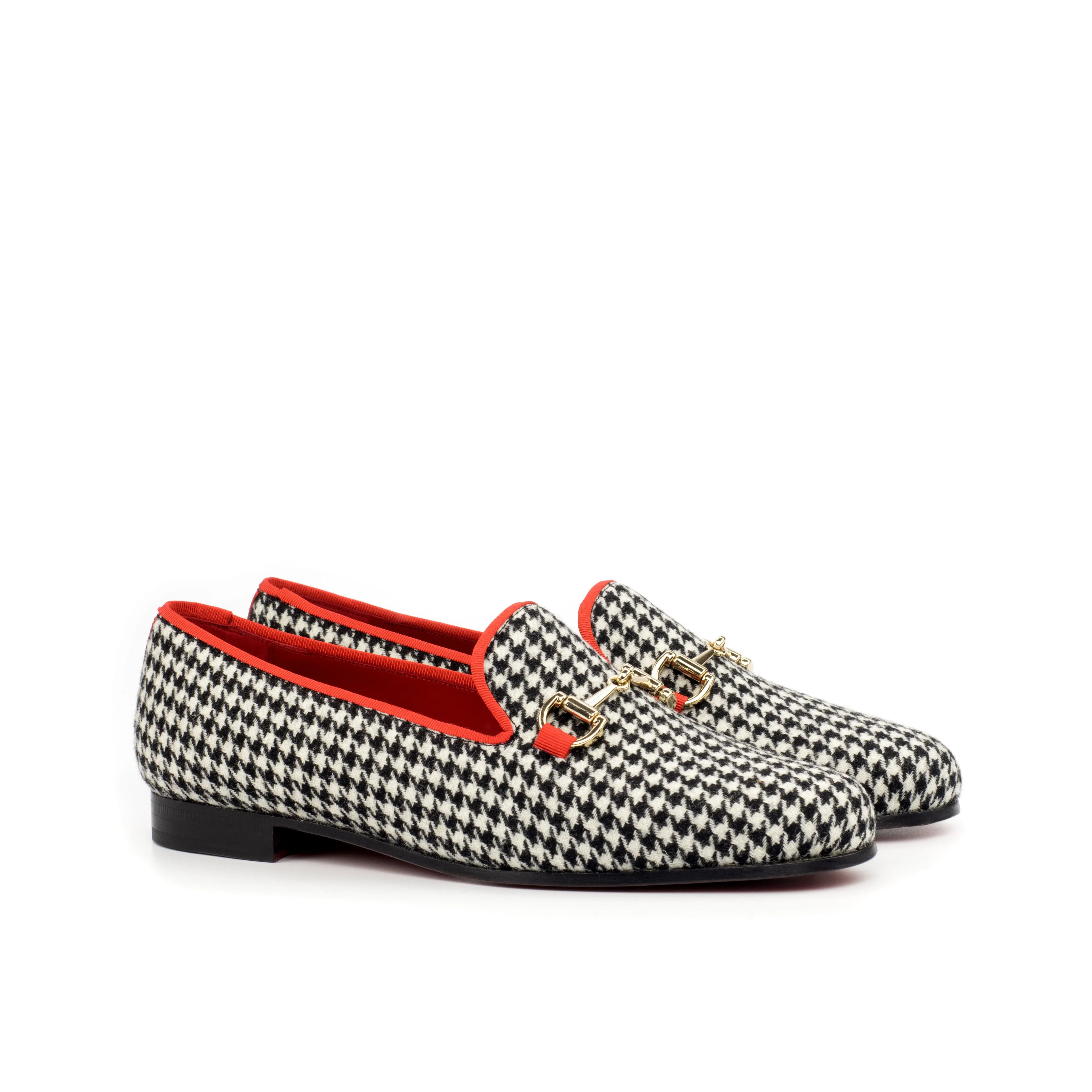 Ladies Vida Facil Slip On in Black & White Houndstooth Sartorial Fabric detailed with Trim in Red Calf Leather