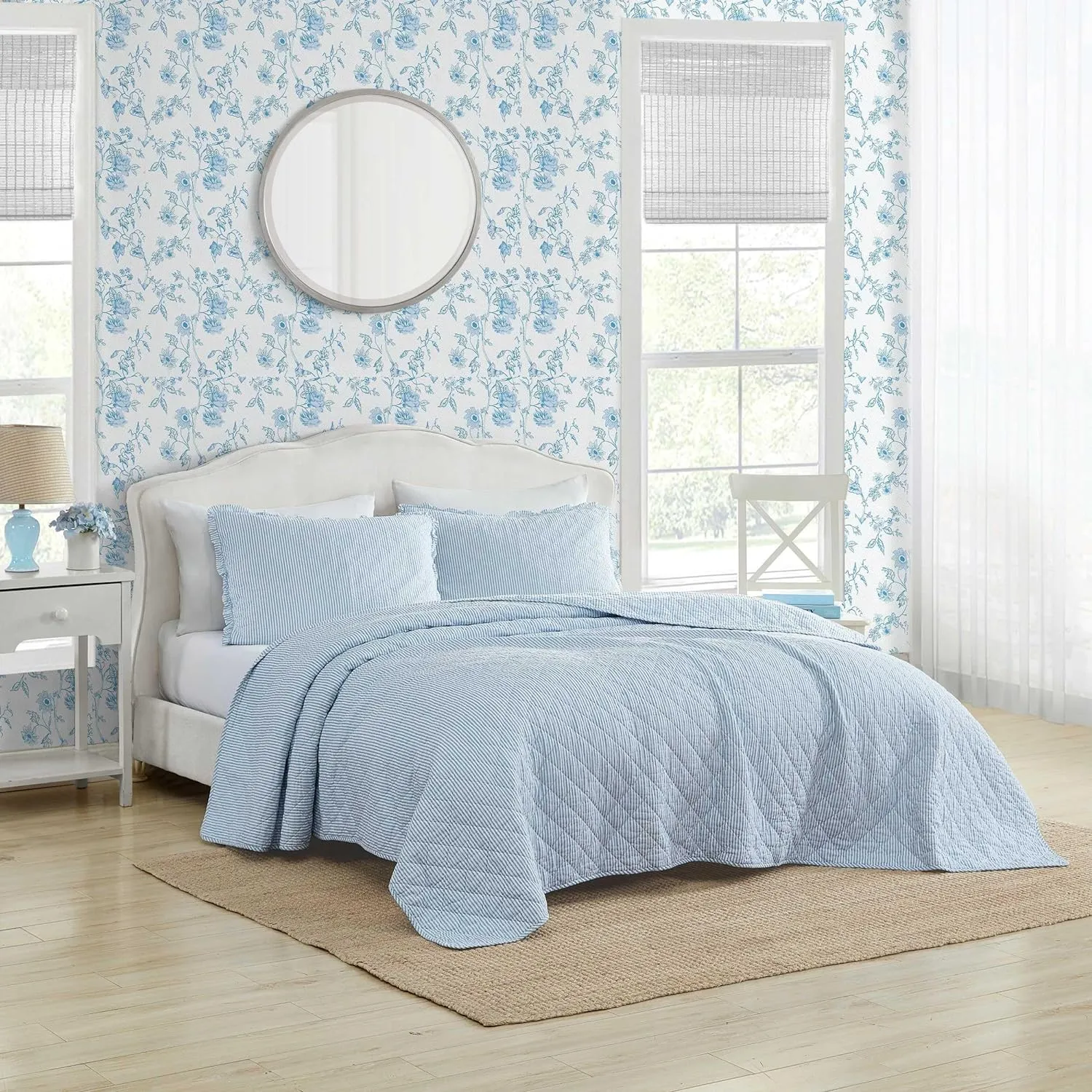 Laura Ashley - Quilt Set, Super Soft Bedding with Matching Sham, Casual Home Decor (Oxford Stripe Blue, King)