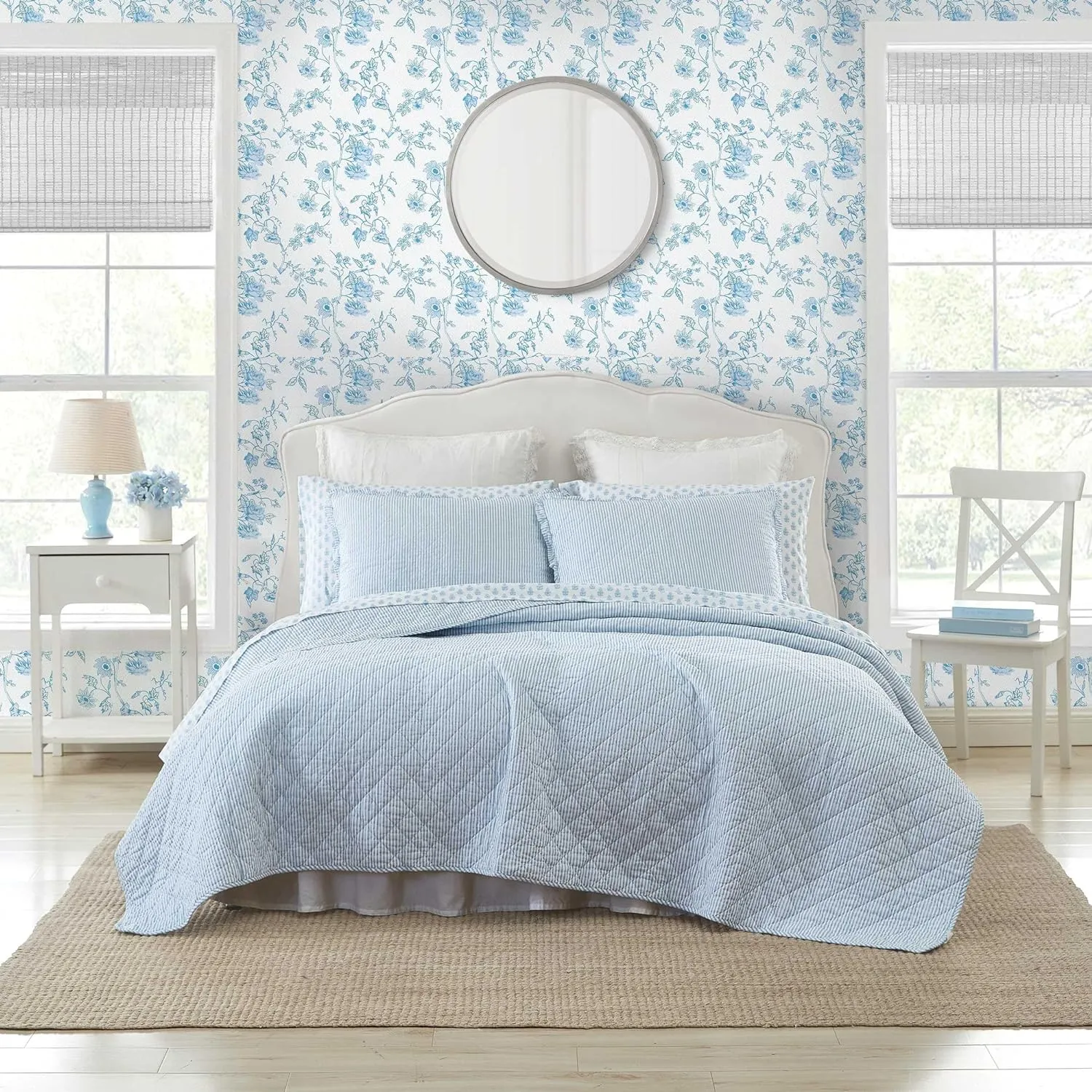 Laura Ashley - Quilt Set, Super Soft Bedding with Matching Sham, Casual Home Decor (Oxford Stripe Blue, King)