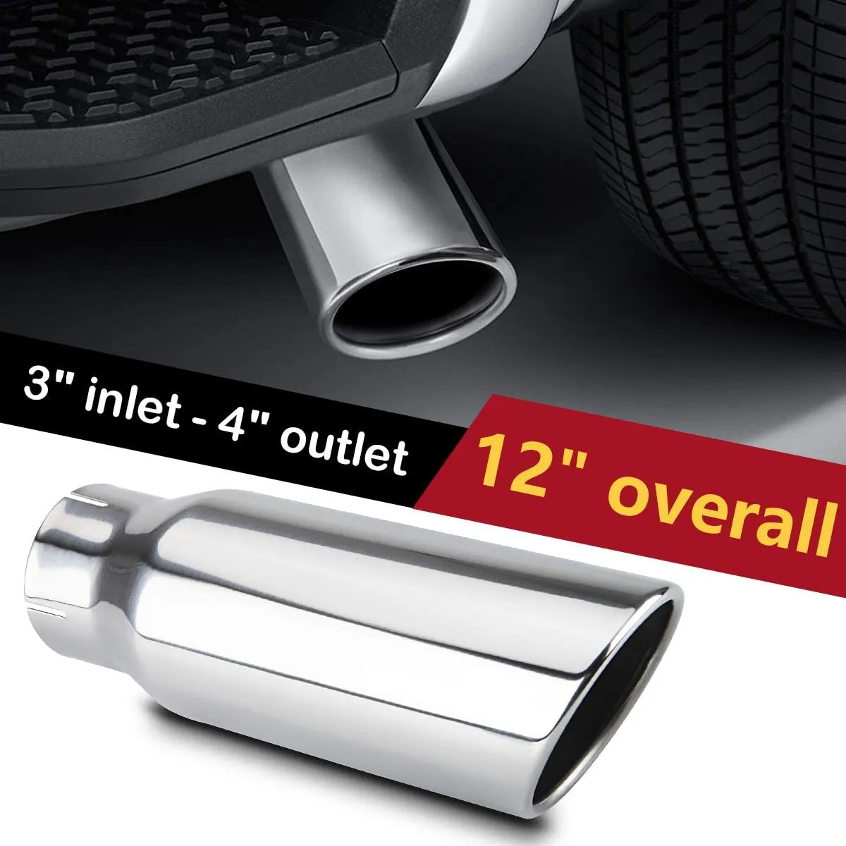 LCGP 3 Inch Inlet Exhaust tip 4" Inch Outlet 12" Long Clamp On Stainless Steel Exhaust Tailpipe Tip for Truck Polished