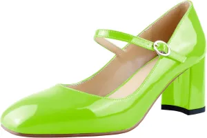 LEMUTISME Women's Elegant Buckle Ankle Strap Leather Square Toe Chunky Comfortable Slip On Middle Block Heel Dress Pumps for Wedding Prom