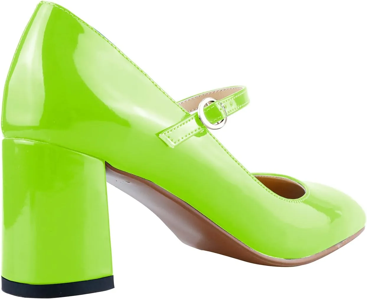 LEMUTISME Women's Elegant Buckle Ankle Strap Leather Square Toe Chunky Comfortable Slip On Middle Block Heel Dress Pumps for Wedding Prom