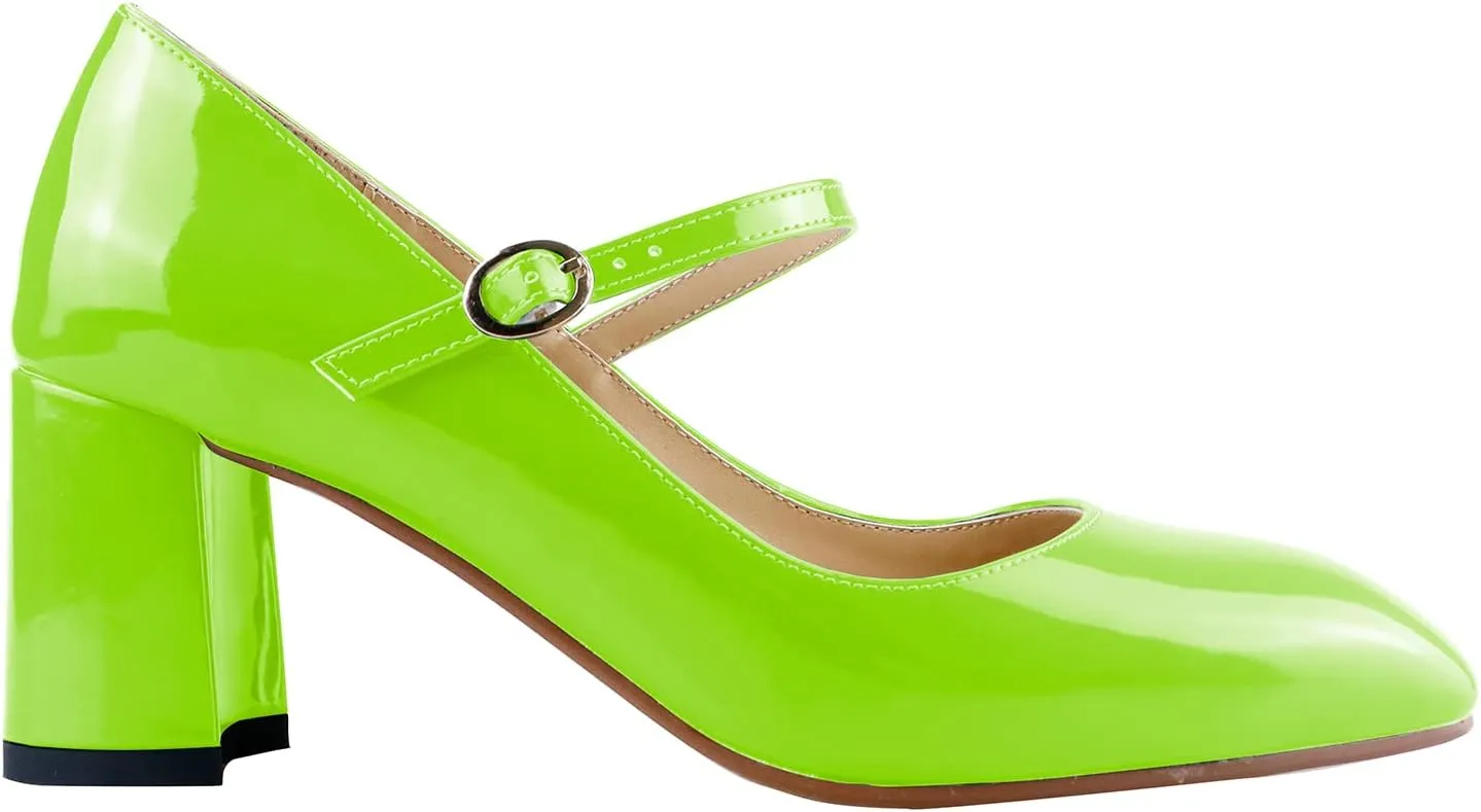 LEMUTISME Women's Elegant Buckle Ankle Strap Leather Square Toe Chunky Comfortable Slip On Middle Block Heel Dress Pumps for Wedding Prom