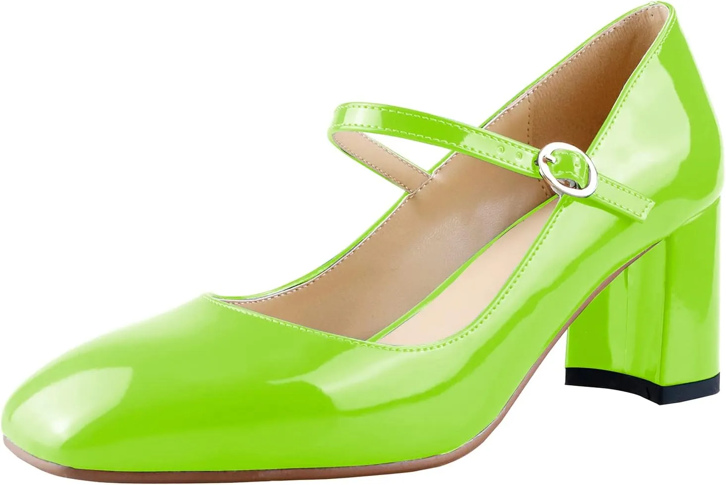 LEMUTISME Women's Elegant Buckle Ankle Strap Leather Square Toe Chunky Comfortable Slip On Middle Block Heel Dress Pumps for Wedding Prom