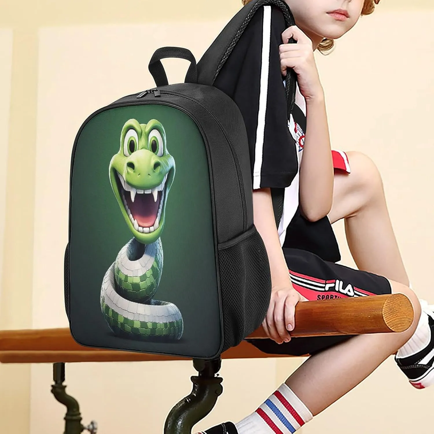 Lightweight Backpacks Cute Travel Bag Durable Cartoon Snake Green Printing Small Travel Backpack For Women & Men