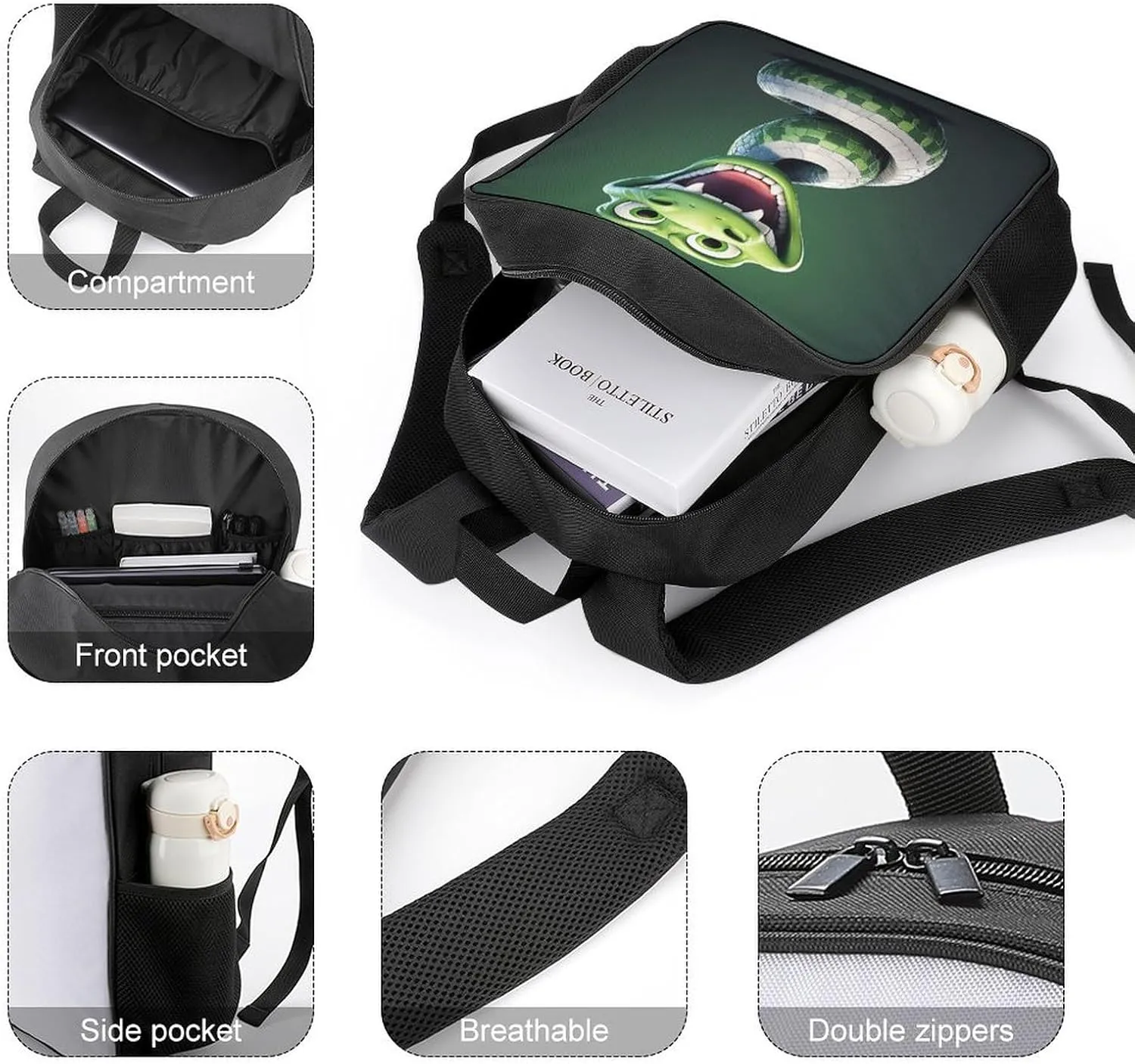Lightweight Backpacks Cute Travel Bag Durable Cartoon Snake Green Printing Small Travel Backpack For Women & Men