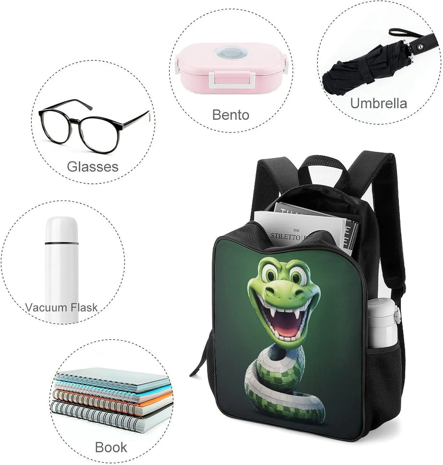 Lightweight Backpacks Cute Travel Bag Durable Cartoon Snake Green Printing Small Travel Backpack For Women & Men