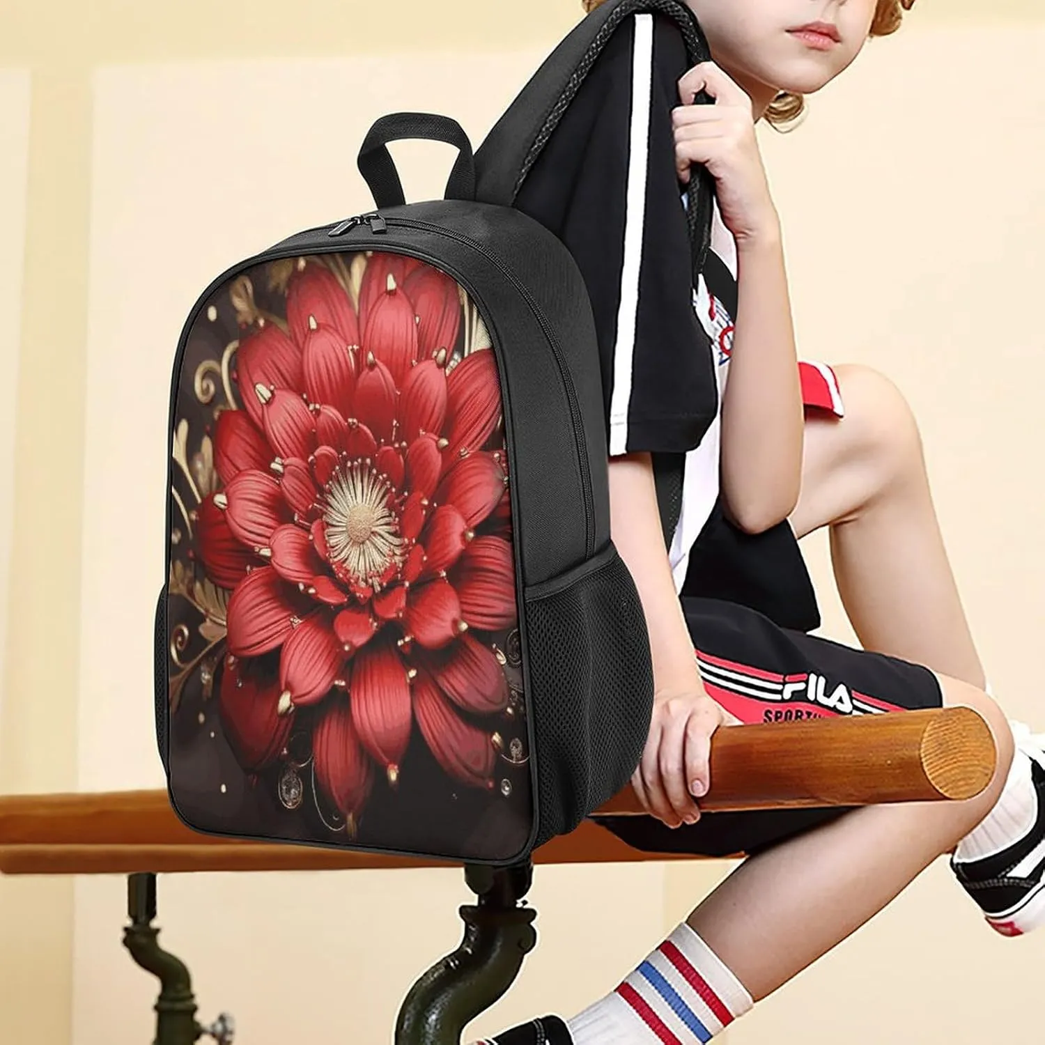 Lightweight Backpacks Cute Travel Bag Durable Red Gold Flower Printing Small Travel Backpack For Women & Men