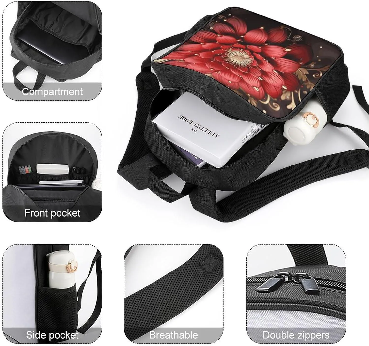 Lightweight Backpacks Cute Travel Bag Durable Red Gold Flower Printing Small Travel Backpack For Women & Men