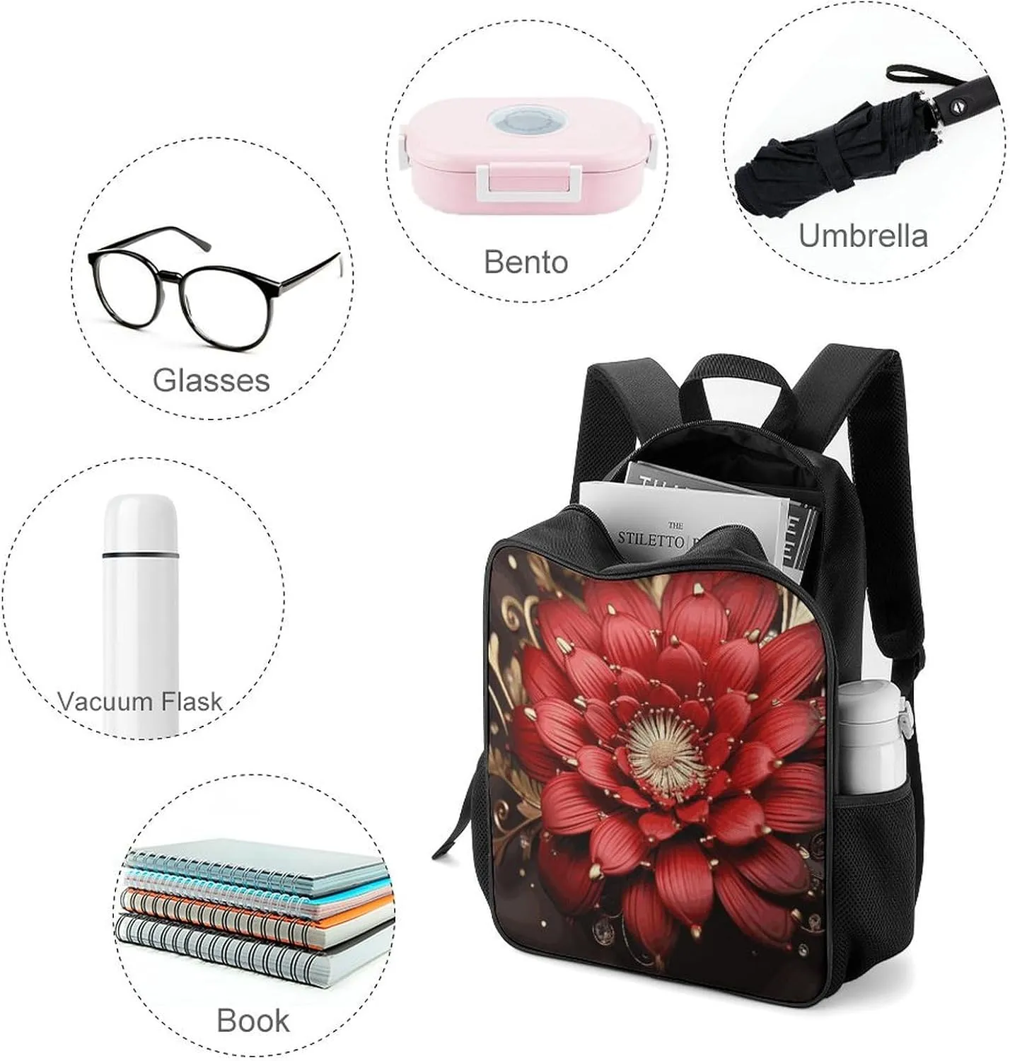 Lightweight Backpacks Cute Travel Bag Durable Red Gold Flower Printing Small Travel Backpack For Women & Men