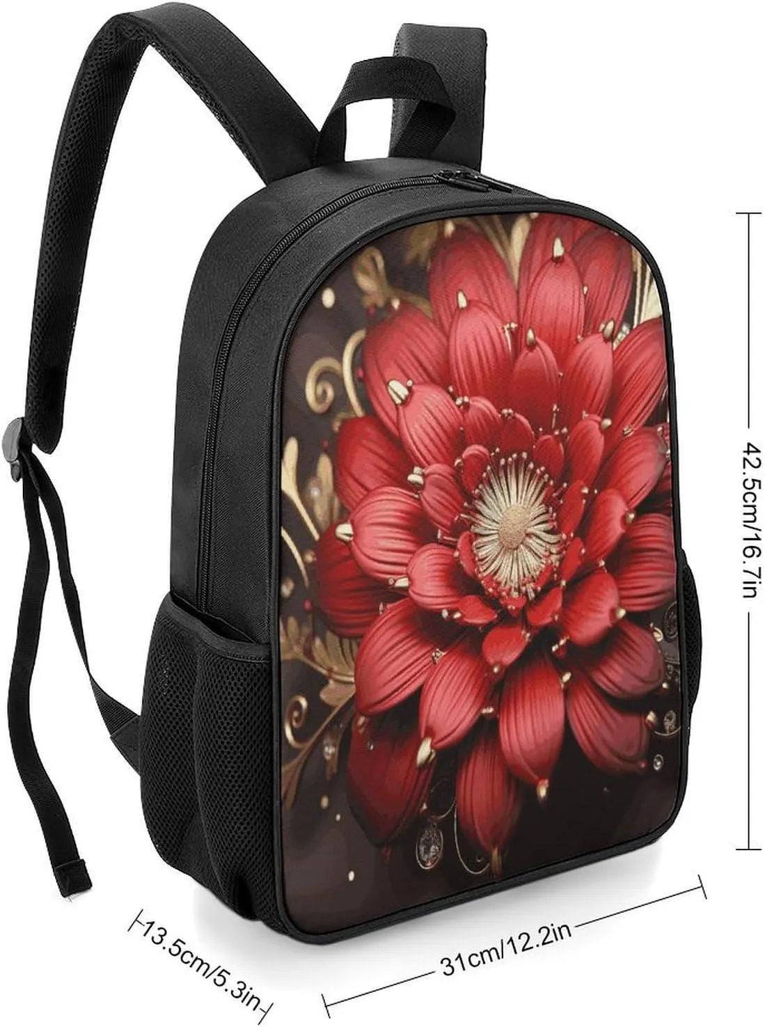 Lightweight Backpacks Cute Travel Bag Durable Red Gold Flower Printing Small Travel Backpack For Women & Men