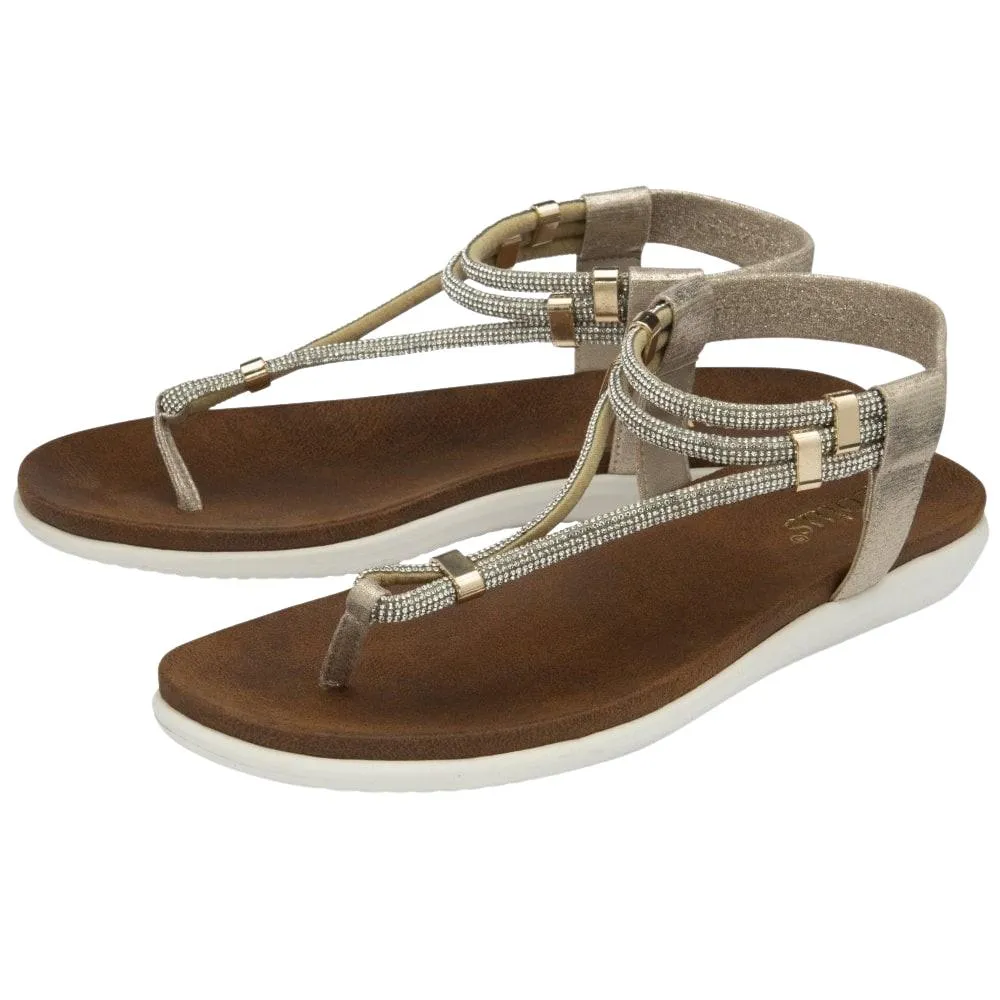 Lotus Womens Chica Gold Diamante Toe Post Thong Strap Sandals