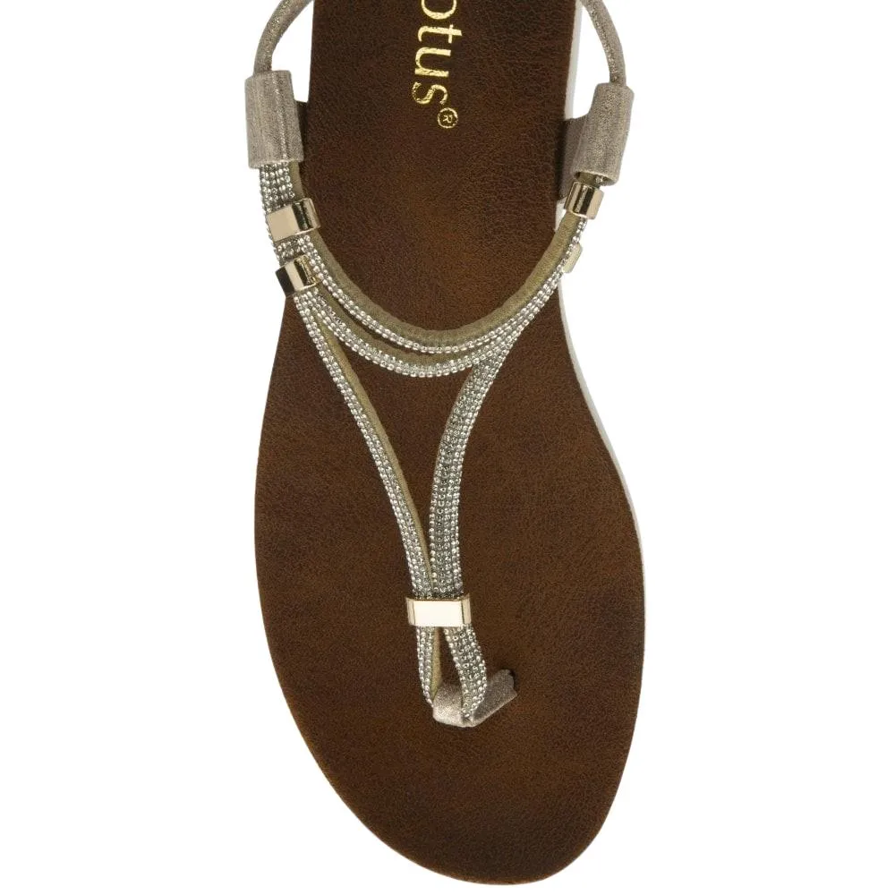 Lotus Womens Chica Gold Diamante Toe Post Thong Strap Sandals