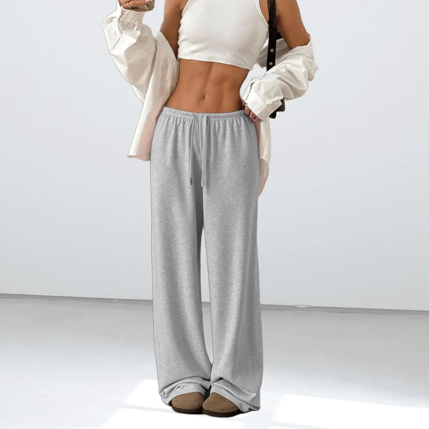 Low Rise Sweatpants for Women Y2K Straight Wide Leg Sweat Pants Drawstring Baggy Lounge Pants with Pockets