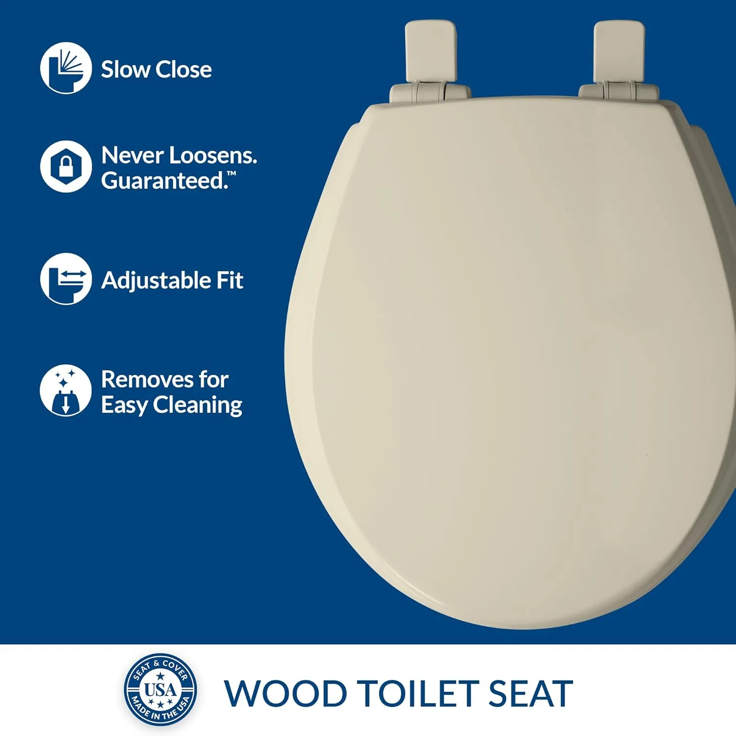 Mayfair Cassel Slow Close Toilet Seat, Easy Clean, Non Slip Premium Wood Seat, Easy Install, Made in USA, Round, Bone