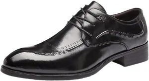 Men's Black Japanese and Korean Pointed Business Formal Leather Shoes Glossy Casual Pointed Derby Shoe Laces Suitable for Weddings and Offices