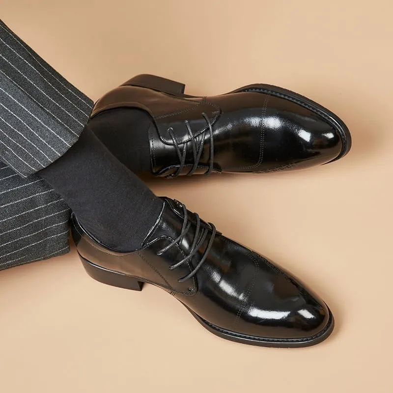Men's Black Japanese and Korean Pointed Business Formal Leather Shoes Glossy Casual Pointed Derby Shoe Laces Suitable for Weddings and Offices