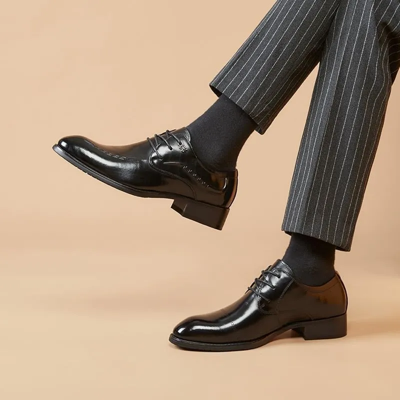Men's Black Japanese and Korean Pointed Business Formal Leather Shoes Glossy Casual Pointed Derby Shoe Laces Suitable for Weddings and Offices