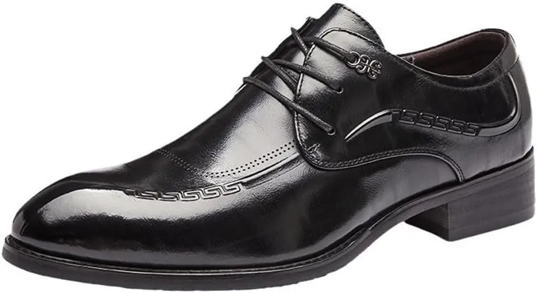 Men's Black Japanese and Korean Pointed Business Formal Leather Shoes Glossy Casual Pointed Derby Shoe Laces Suitable for Weddings and Offices