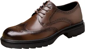 Men's Comfortable Dress Wingtip Brogue Oxford Shoes Breathable Lightweight Genuine Leather Platform Round Toe Business Casual Oxfords
