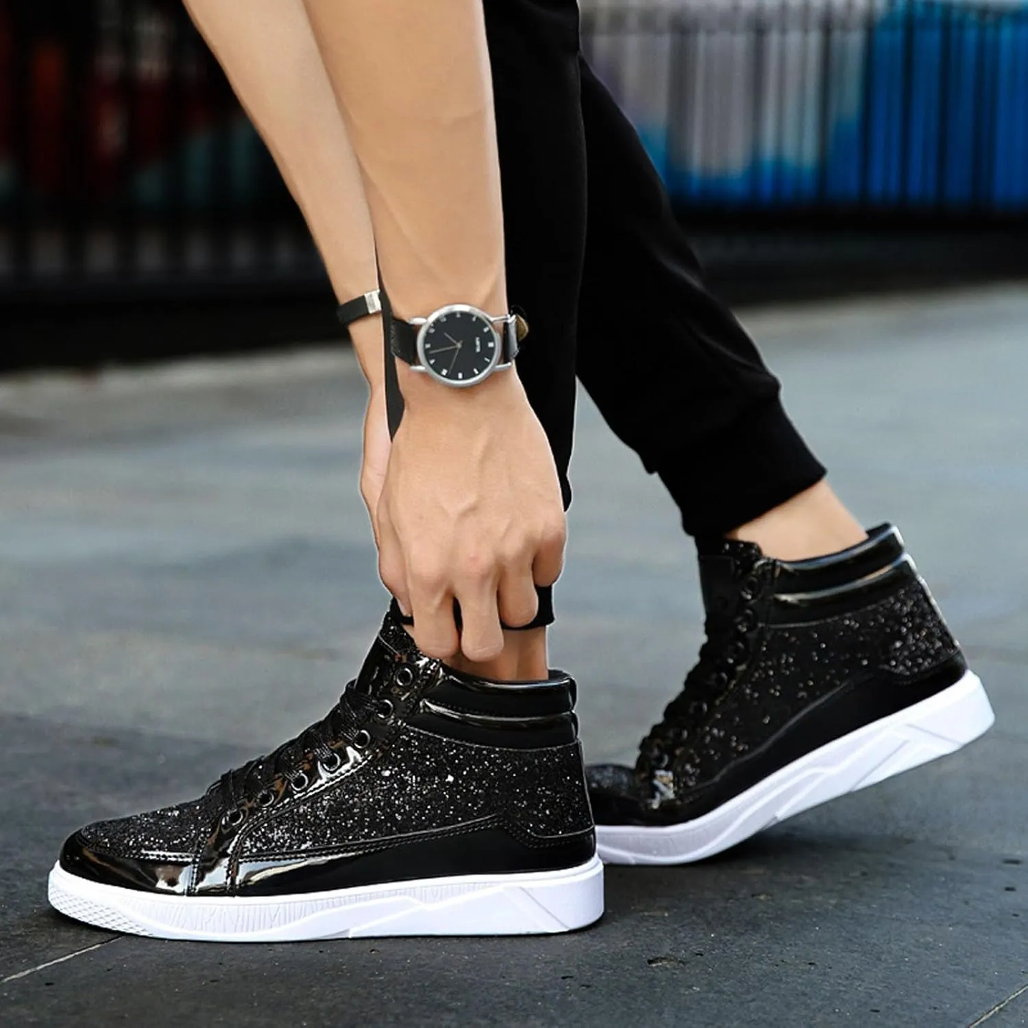 Men's Fashion Bright Leather with Sequin Thick Soled High Top Casual Shoes Comfortable Sneakers Shoes Men Classic Leather Sneaker