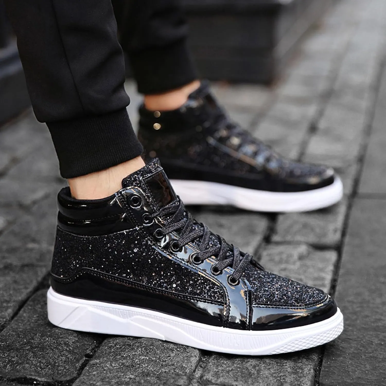 Men's Fashion Bright Leather with Sequin Thick Soled High Top Casual Shoes Comfortable Sneakers Shoes Men Classic Leather Sneaker