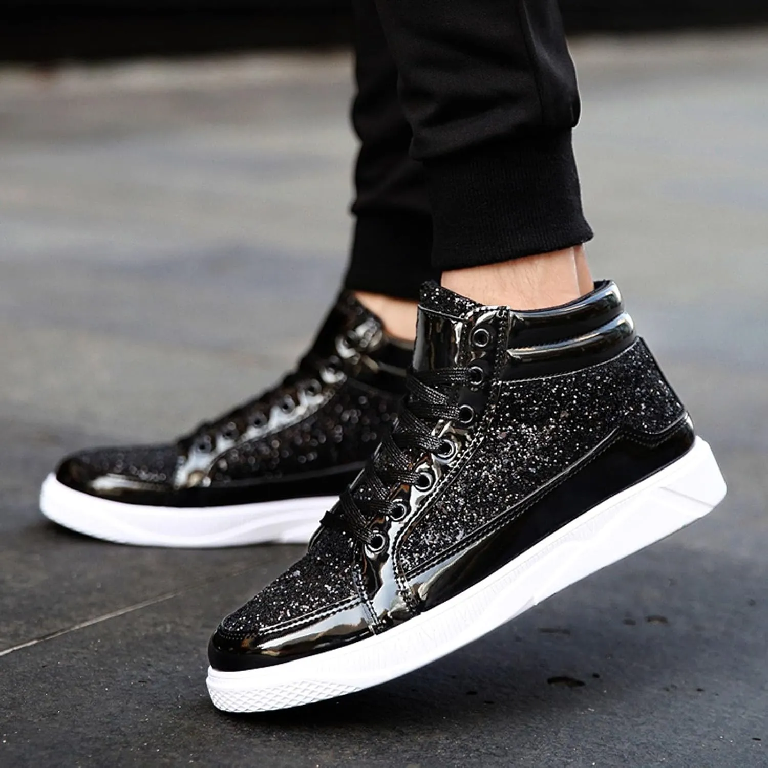 Men's Fashion Bright Leather with Sequin Thick Soled High Top Casual Shoes Comfortable Sneakers Shoes Men Classic Leather Sneaker