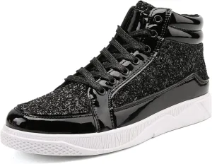 Men's Fashion Bright Leather with Sequin Thick Soled High Top Casual Shoes Comfortable Sneakers Shoes Men Classic Leather Sneaker