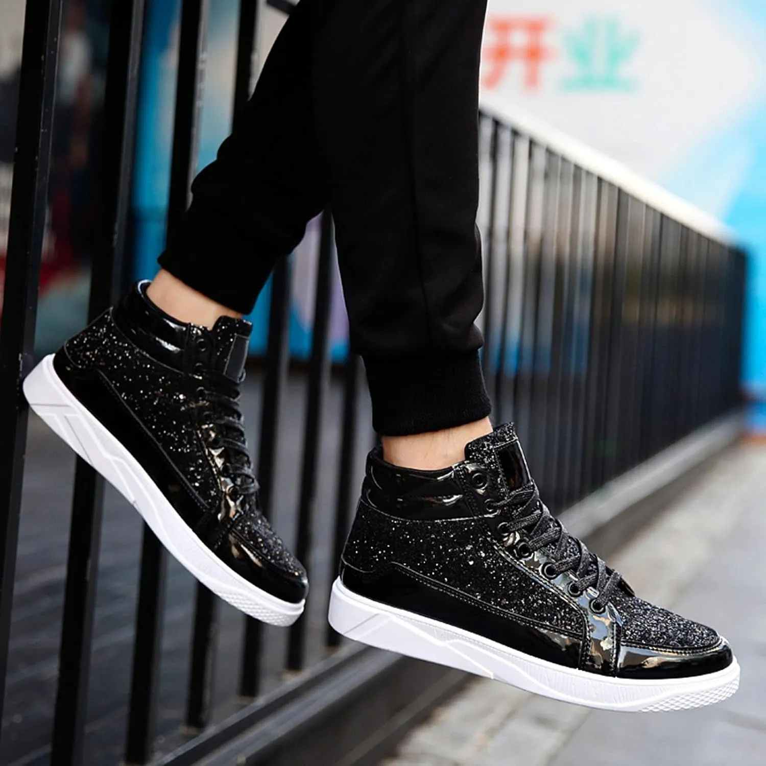 Men's Fashion Bright Leather with Sequin Thick Soled High Top Casual Shoes Comfortable Sneakers Shoes Men Classic Leather Sneaker